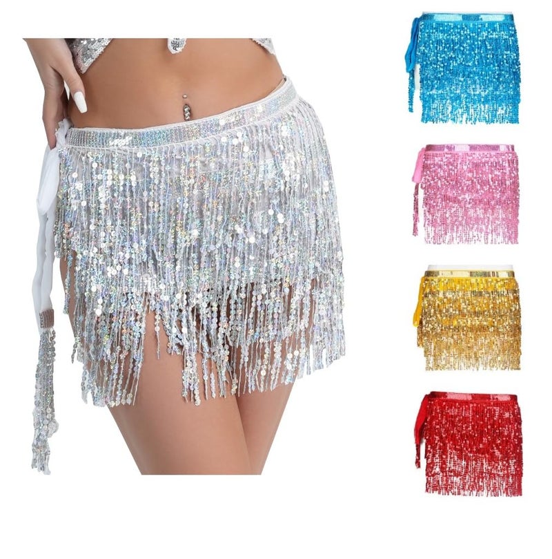 *daisysboutique* Women Belly Dance Skirt Fringe Skirts Sparkly Sequin Hip Scarf Party Costume (One Size, 1 Piece Silver) - Image 3